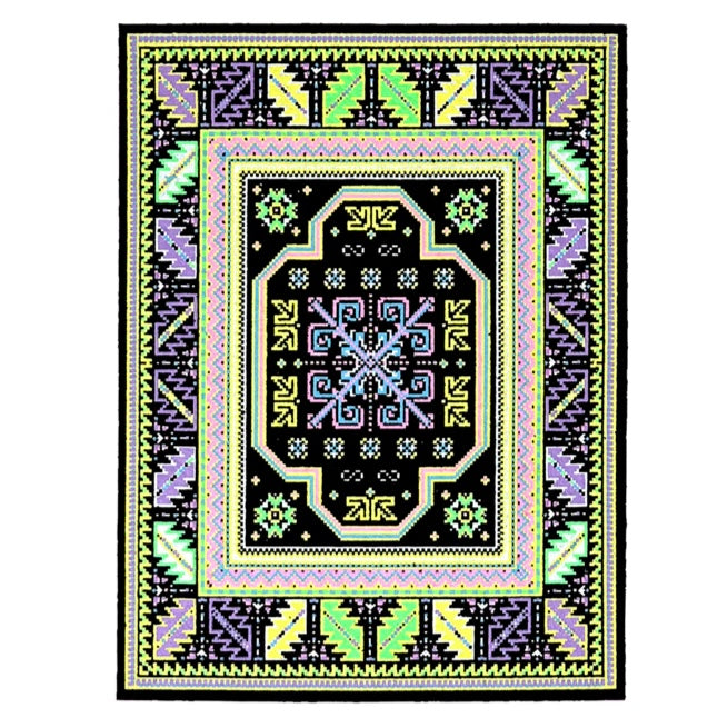 A rectangular rug with a geometric pattern featuring a central blue and purple abstract design, surrounded by a black border with additional geometric patterns in green and yellow.