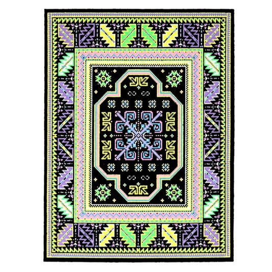 A rectangular rug with a geometric pattern featuring a central blue and purple abstract design, surrounded by a black border with additional geometric patterns in green and yellow.