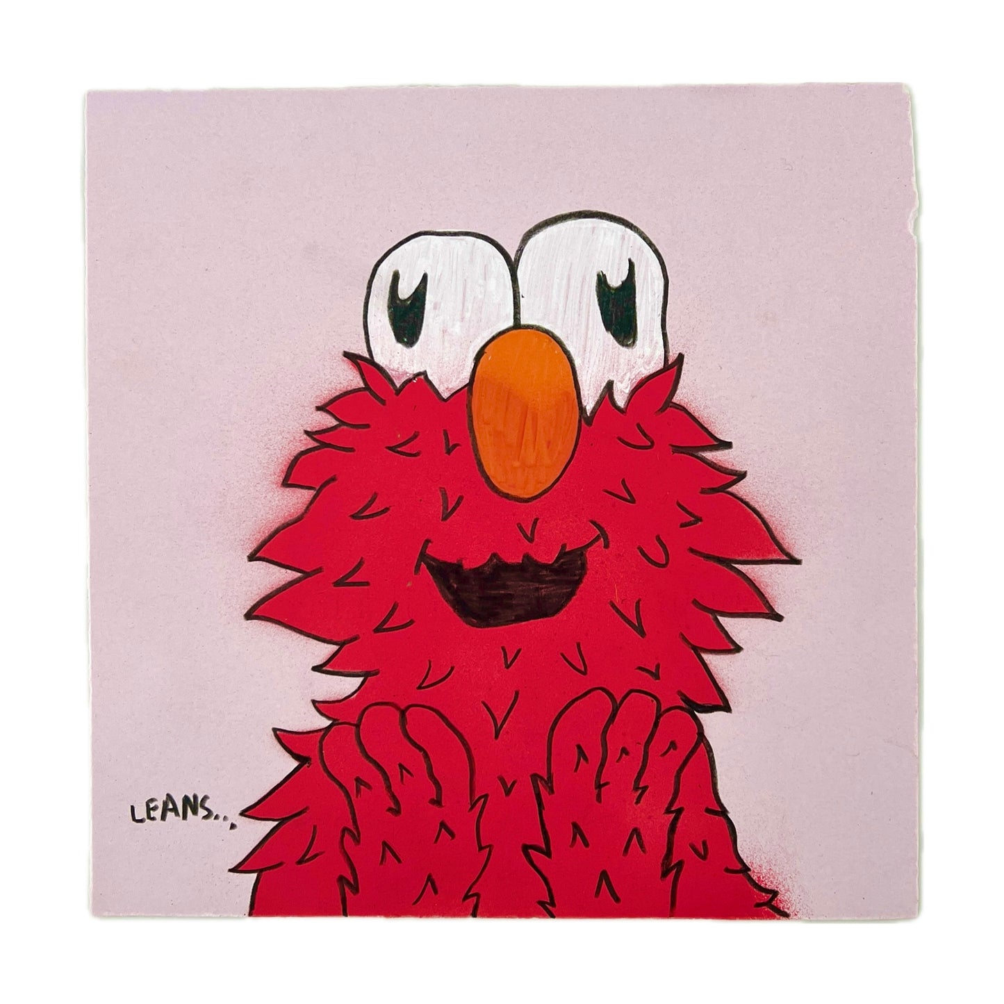 Hand-drawn red character 'Elmoh' on a pink background.