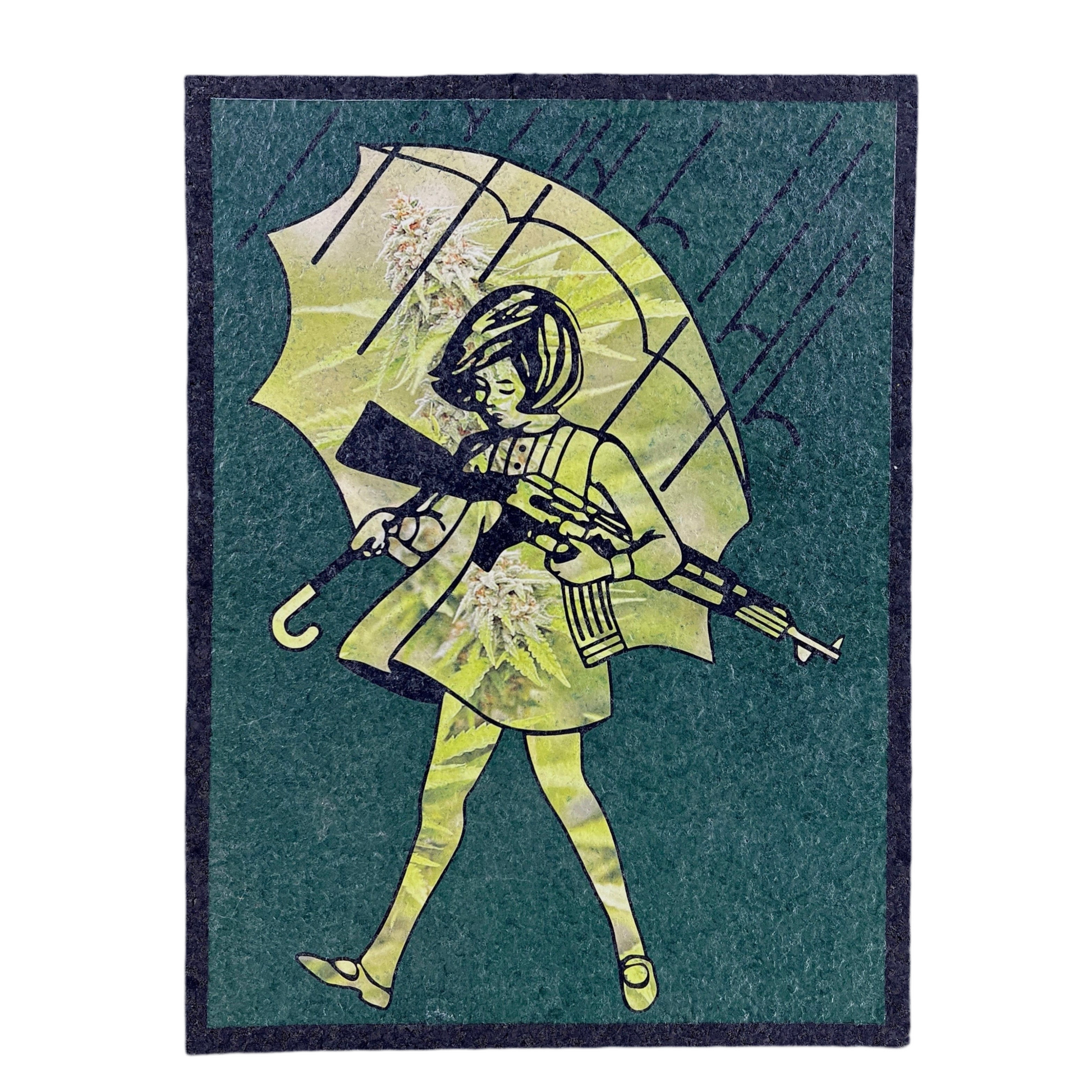 A decorative door mat featuring an illustration of a person with a green umbrella and a gun, set against a green background.