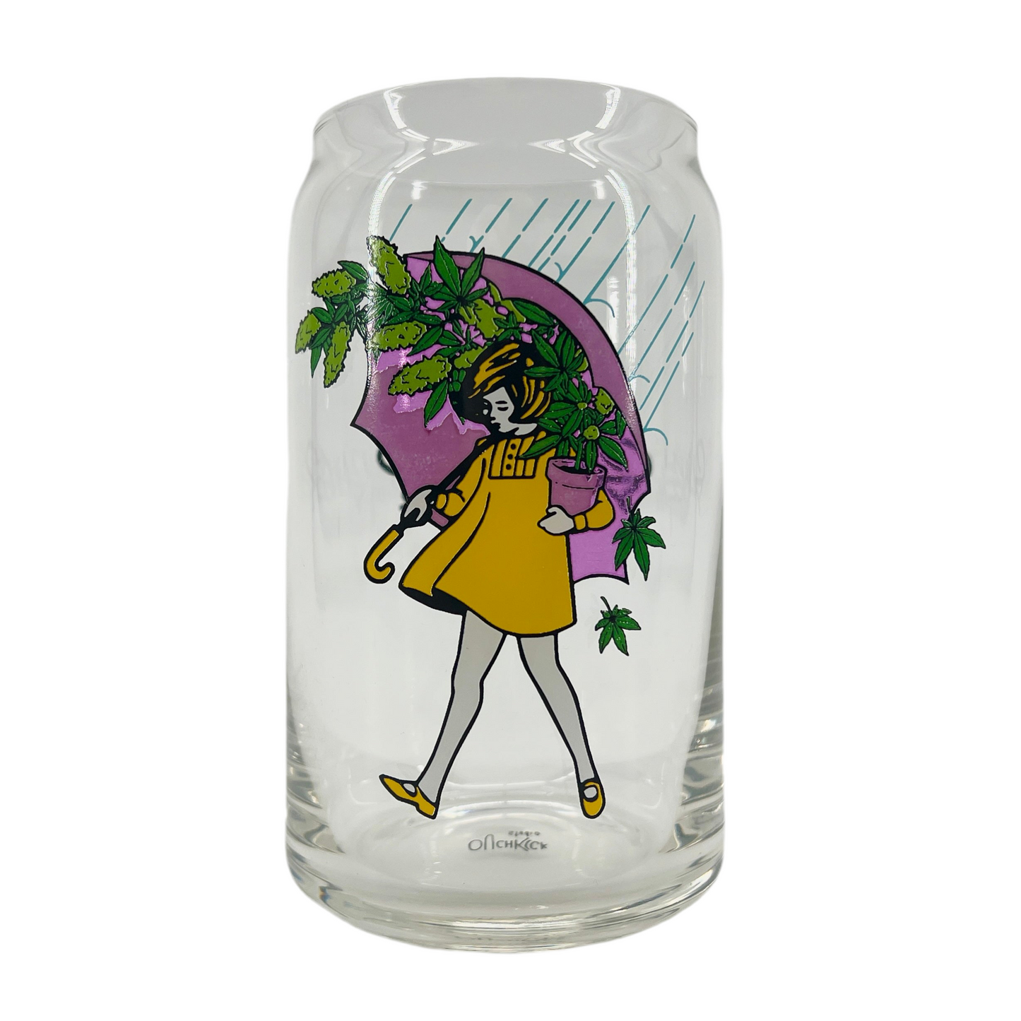 Clear glass mug with a colorful illustration of a person in a yellow coat holding a purple umbrella on a white background.
