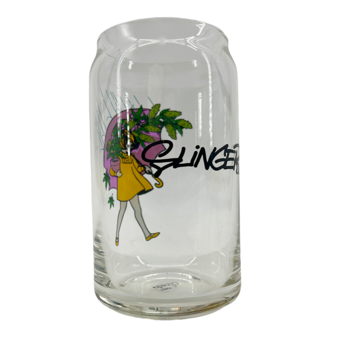 Clear glass mug with a colorful design of a person in a yellow coat and umbrella, and the word 'Slinger' on a white background.
