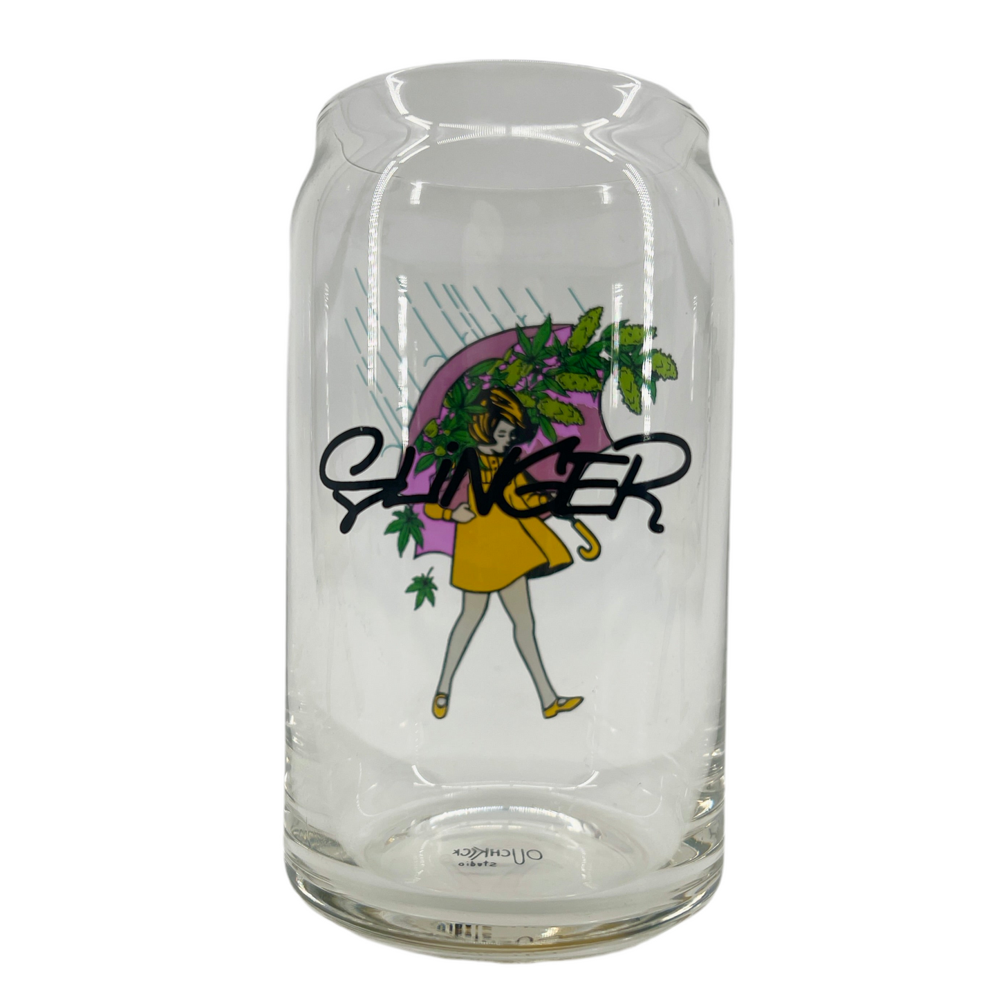 Clear glass with a graphic design of a woman holding an umbrella and the word 'Slinger' on a white background.
