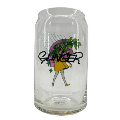 Clear glass with a graphic design of a woman holding an umbrella and the word 'Slinger' on a white background.