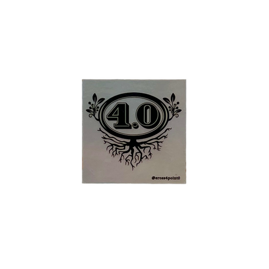 Decorative square sticker with '4.0' design on a white background.