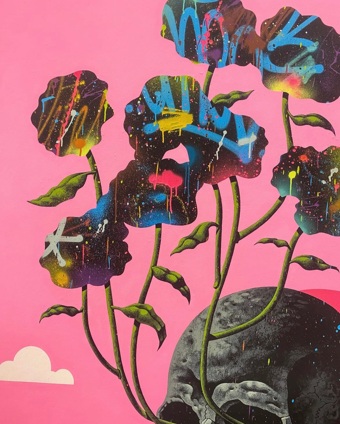 Graffiti-style flowers on a pink background with a skull at the base.