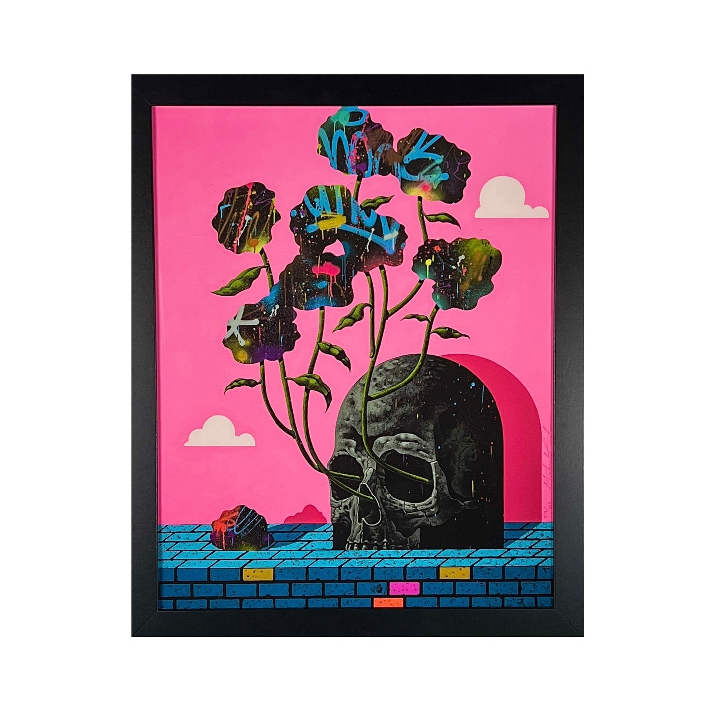Framed artwork with a pink background, black skull, and colorful flowers.