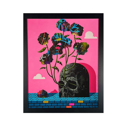 Framed artwork with a pink background, black skull, and colorful flowers.
