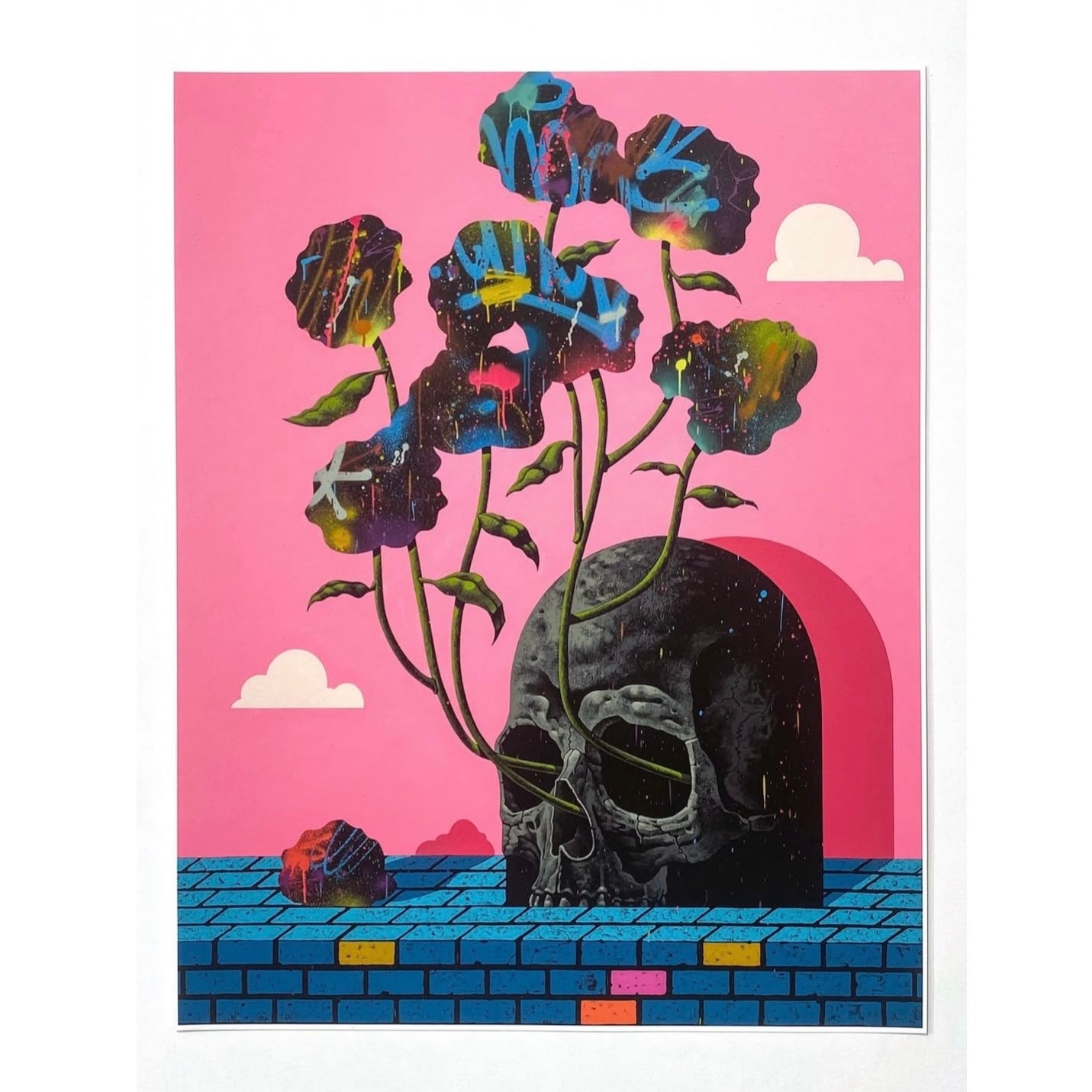 Artistic depiction of a skull with colorful flowers on a pink background.