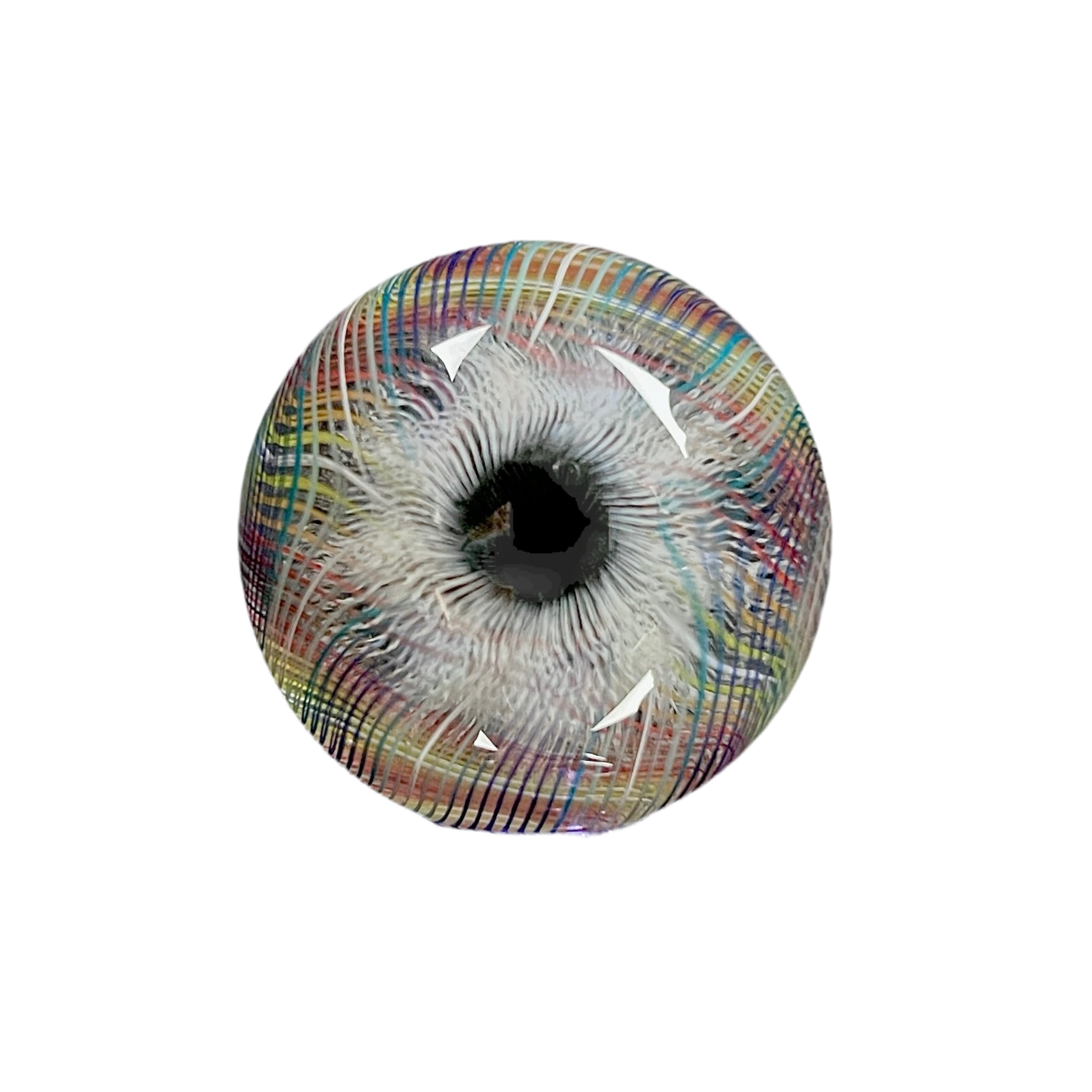 A multicolored glass marble with a mix of vibrant and muted tones, featuring a patterned design. The marble appears to have a convex surface.