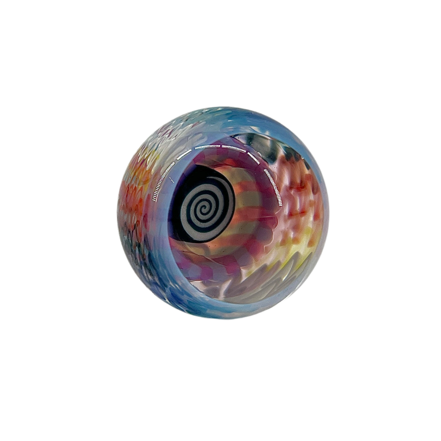 A multicolored glass marble with a swirl pattern, approximately 38mm in diameter.