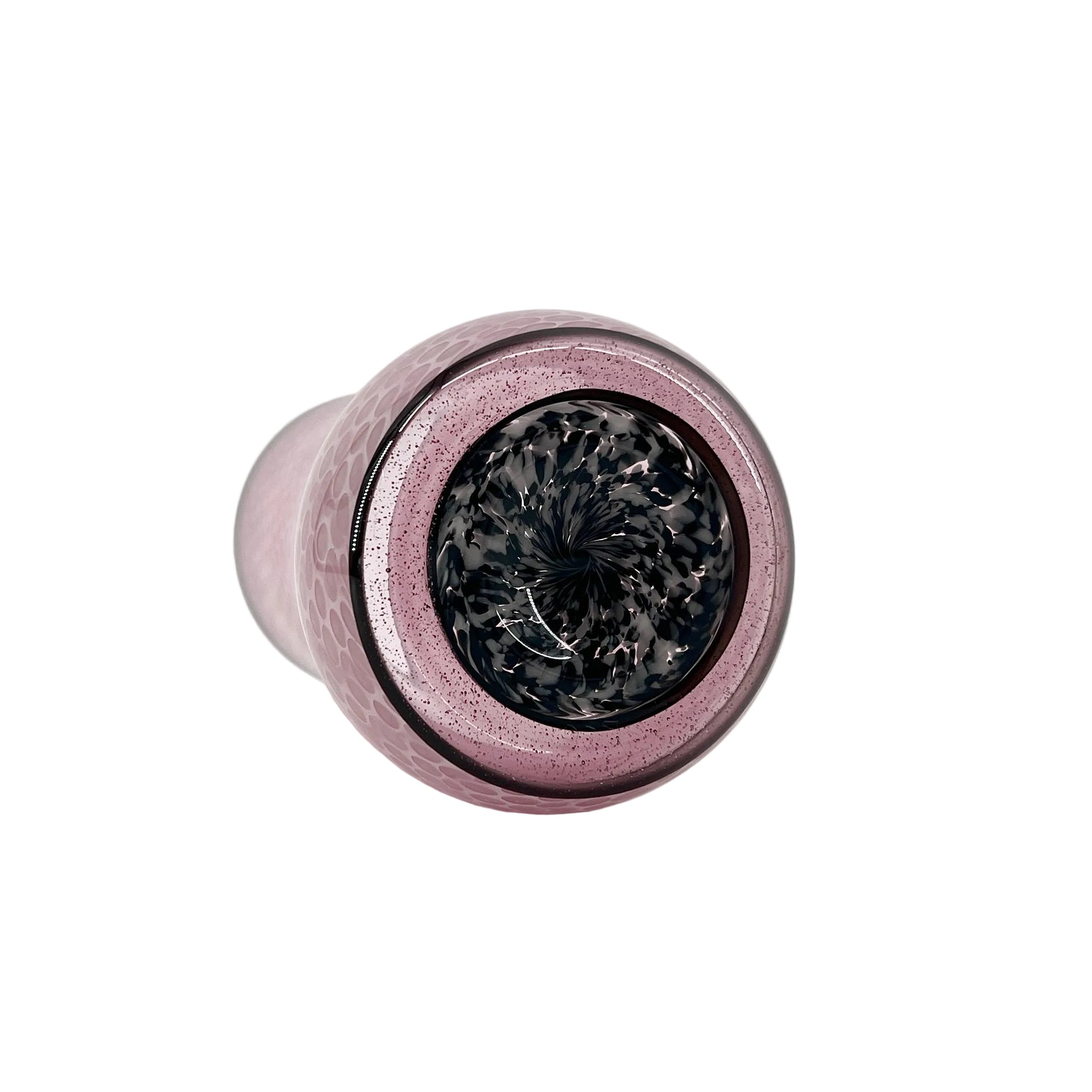 Pink glass object with black base on a white background.