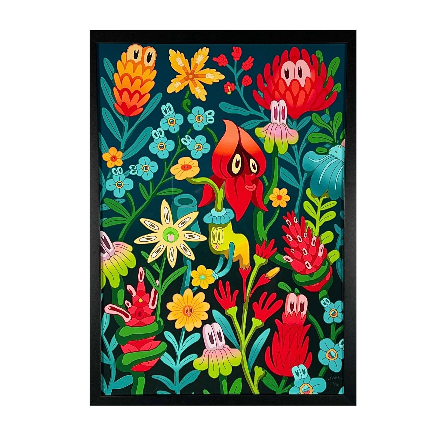 Colorful floral illustration on a dark background.