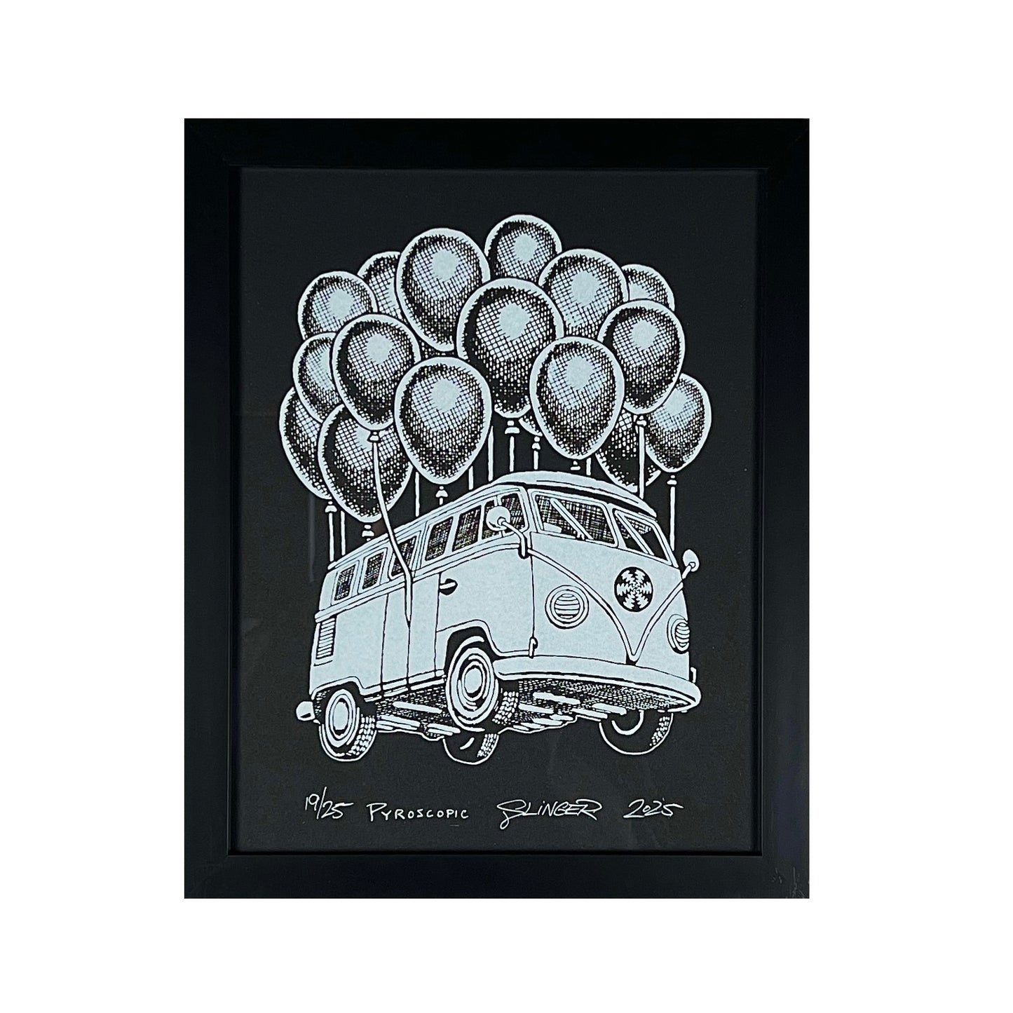 Framed artwork of a van with balloons on a black background.