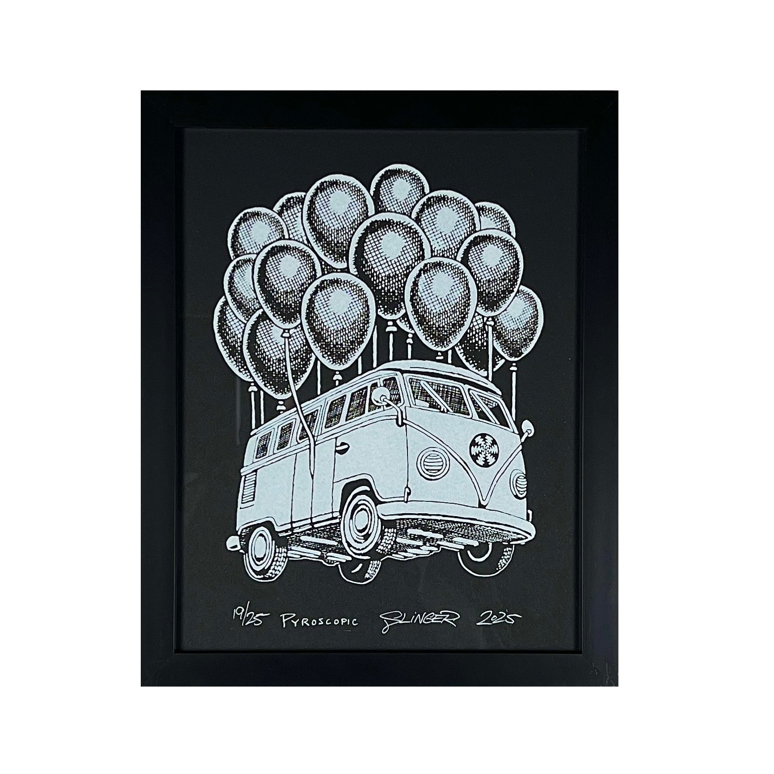 Framed artwork of a van with balloons on a black background.