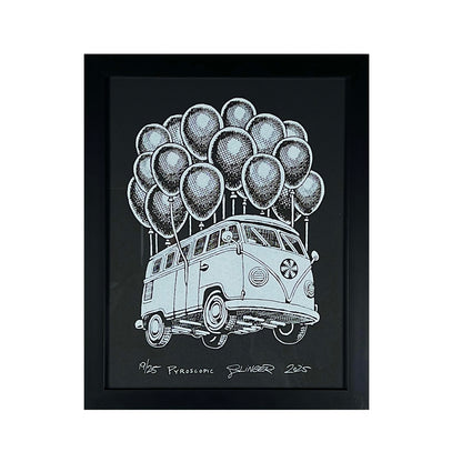 Framed artwork of a van with balloons on a black background.