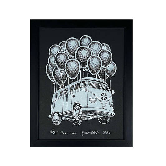 Framed artwork of a van with balloons on a black background.