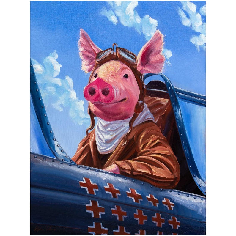 A whimsical artwork of a pig dressed as a World War 2 fighter pilot, seated in a aircraft with a blue sky background.