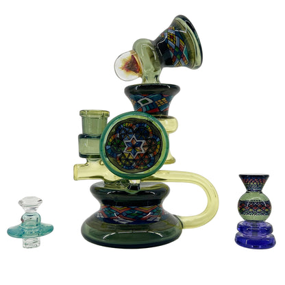 Glass smoking device with geometric patterns on a white background