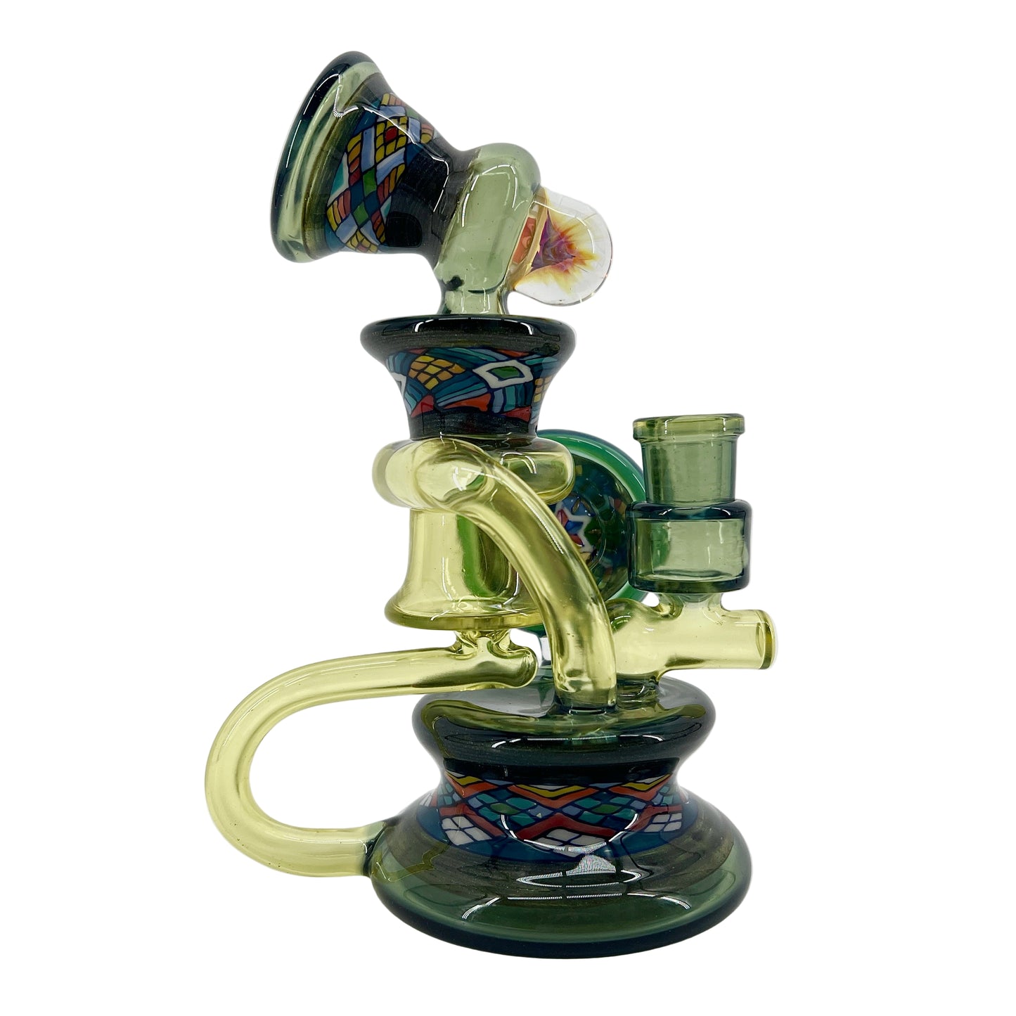 Glass smoking device with colorful geometric patterns on a white background