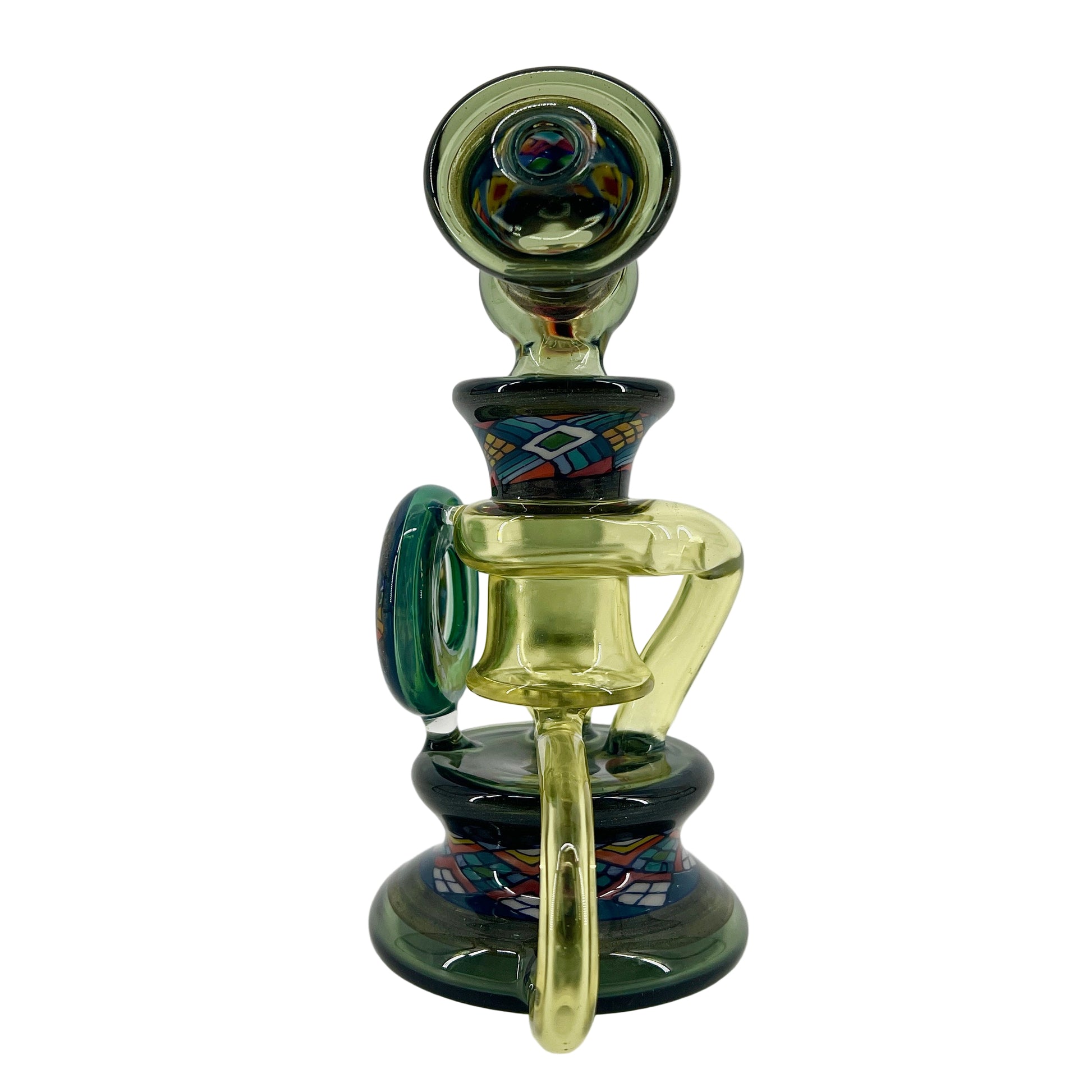 Glass smoking device with colorful patterns on a white background