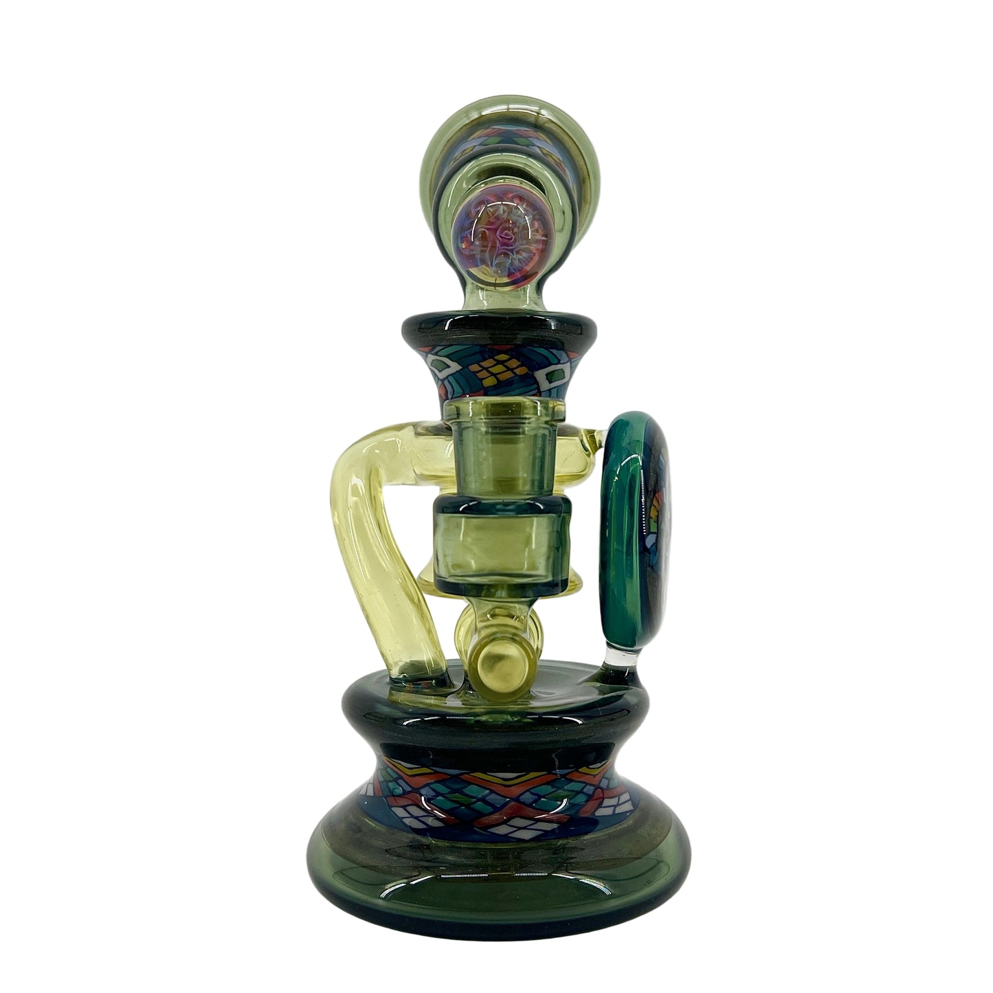 Glass smoking device with colorful design on a white background