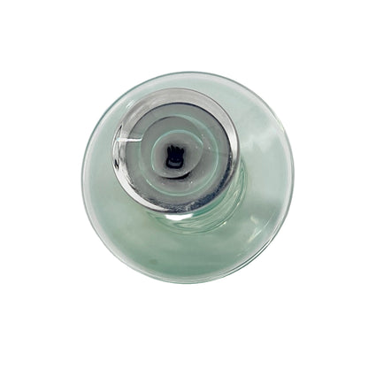 Clear glass object with a blue base on a white background