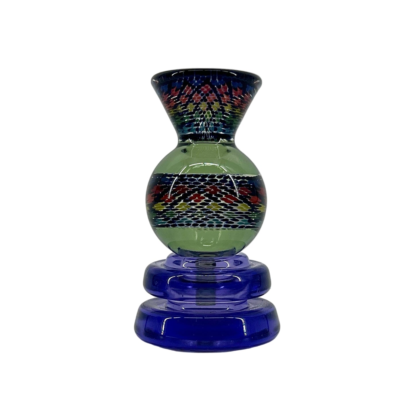 Colorful glass vase with a blue base on a white background