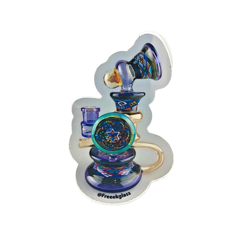 Colorful sticker with a star design on a white background, featuring the brand 'Freeekglass'.