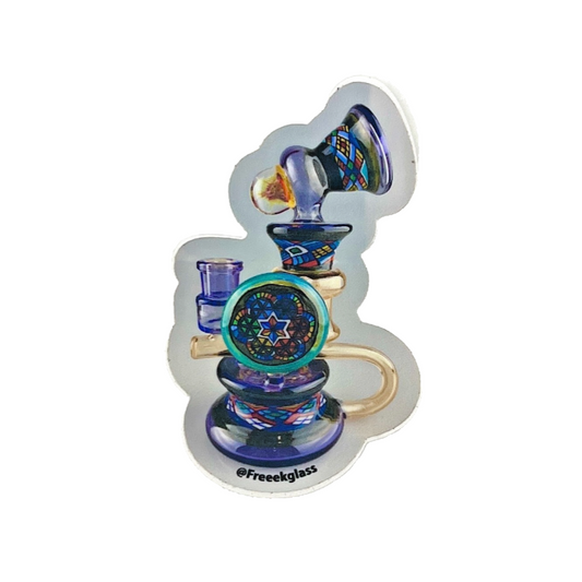 Colorful sticker with a star design on a white background, featuring the brand 'Freeekglass'.