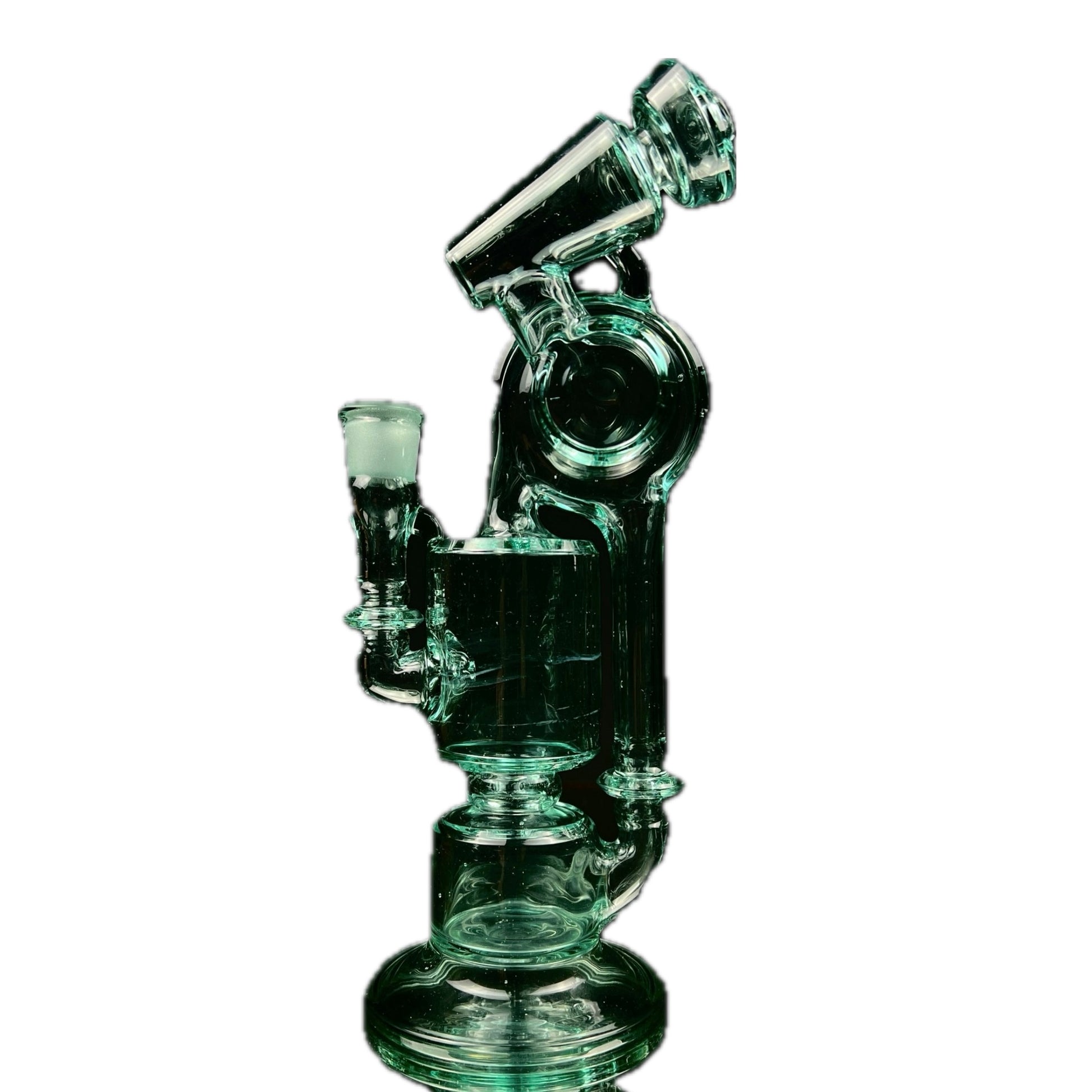 A green glass water pipe with a unique design, featuring a 2-hole perc and standing 10 inches tall.