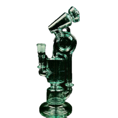 A green glass water pipe with a unique design, featuring a 2-hole perc and standing 10 inches tall.