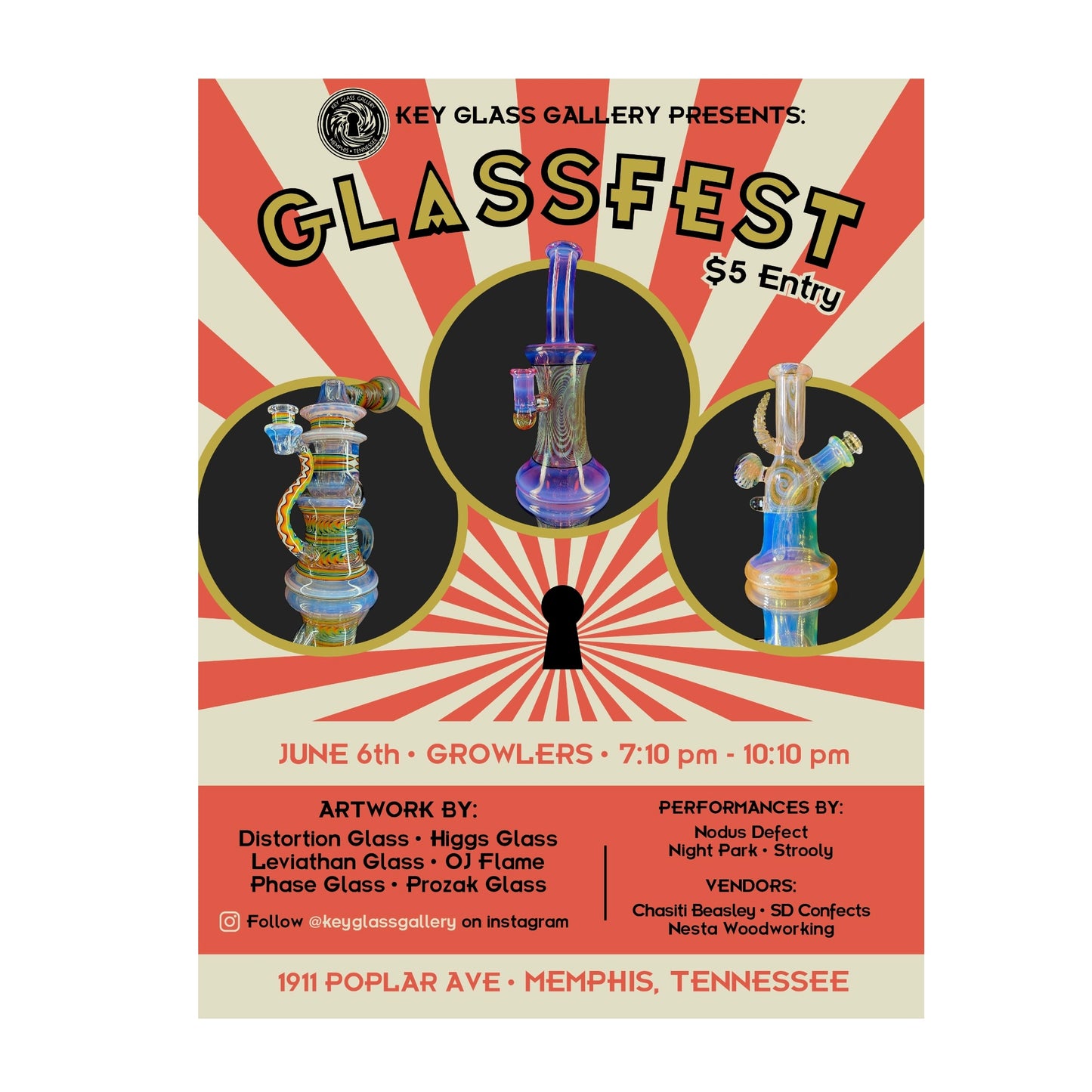 Promotional poster for Glassfest event featuring glass art pieces and event details.