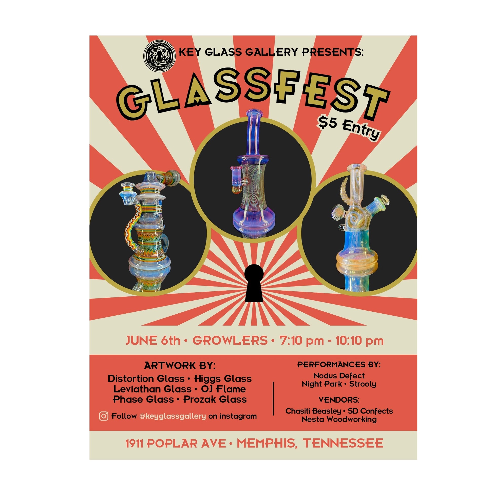 Promotional poster for Glassfest event featuring glass art pieces and event details.