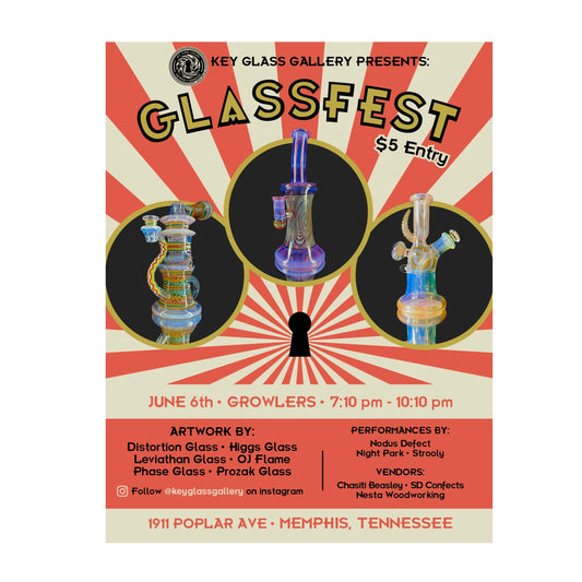 Promotional poster for Glassfest event featuring glass art pieces and event details.