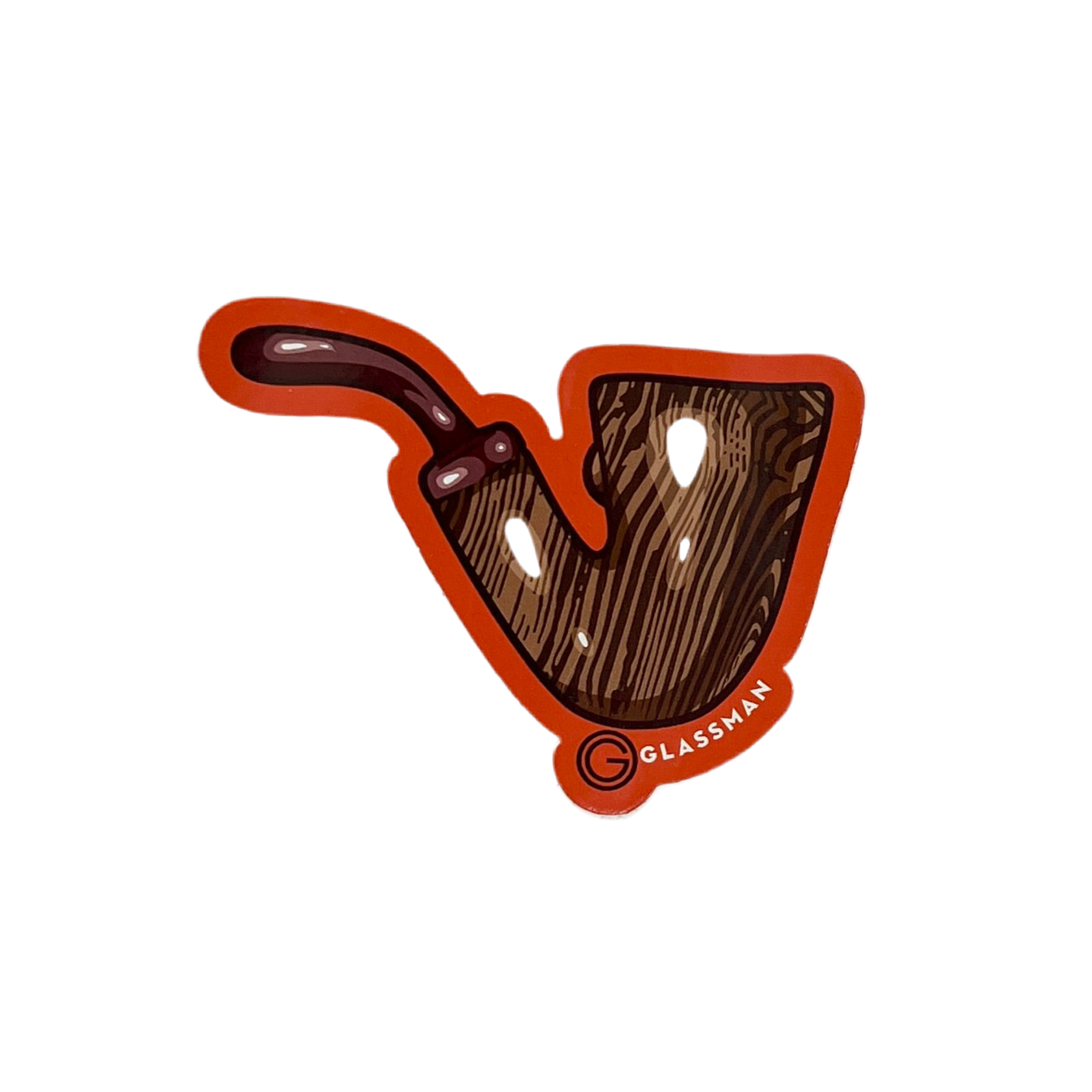 Wooden pipe-shaped sticker with a brand logo on a white background,