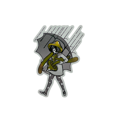 Illustration of a person holding an umbrella with a white background.