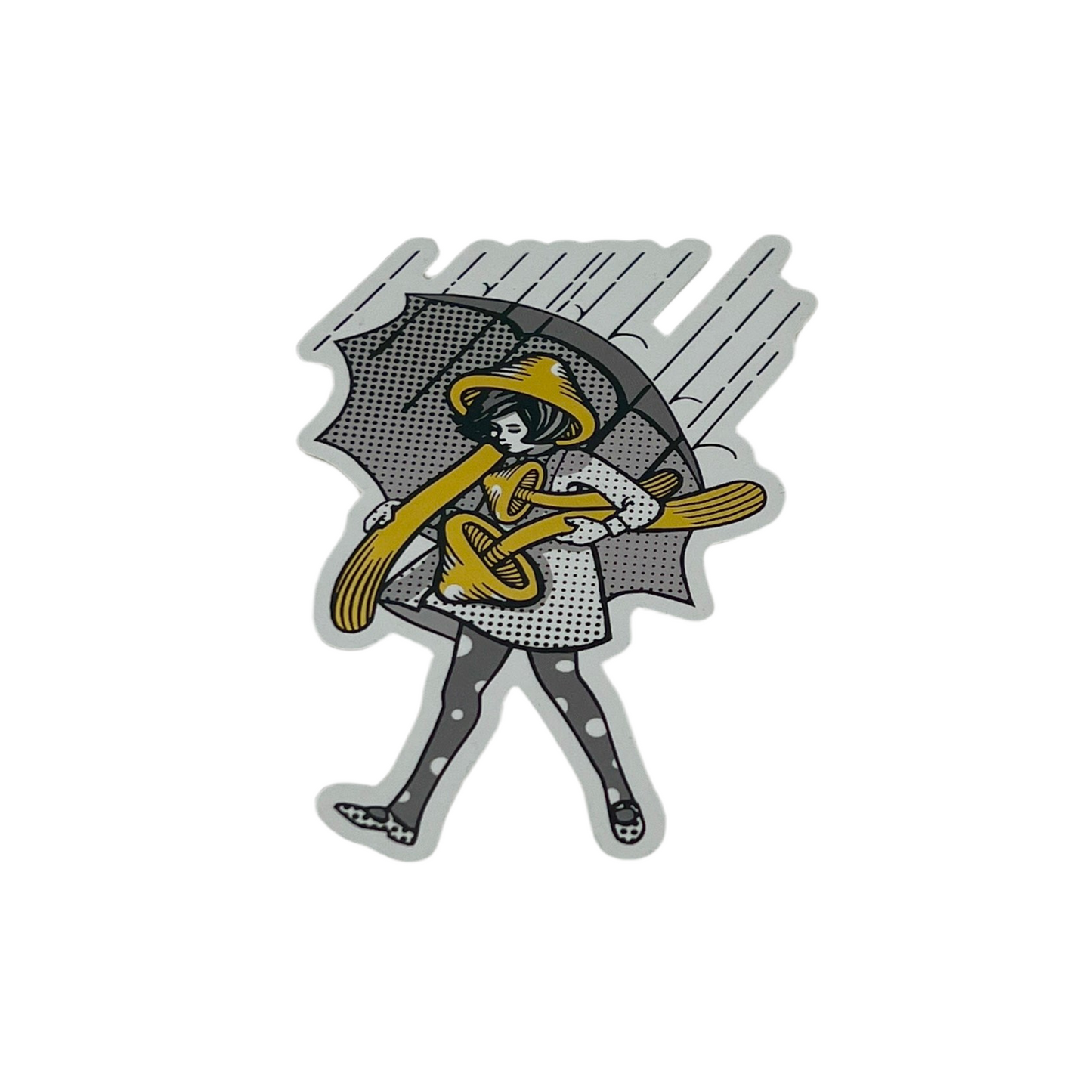 Sticker of a girl carrying mushrooms and an umbrella on a white background.