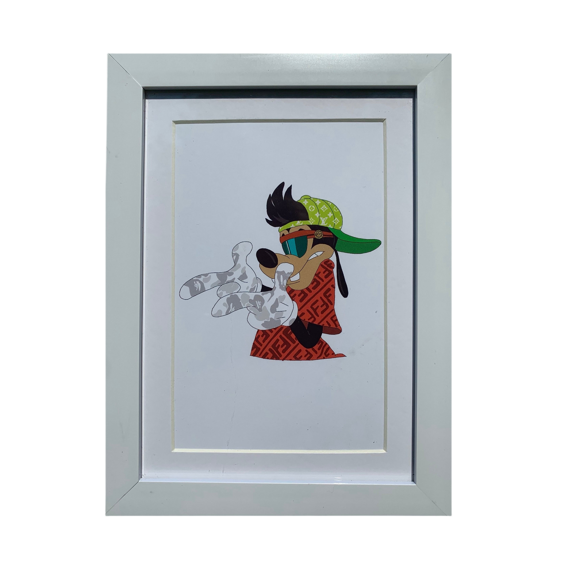 A framed artwork print featuring a character in a metalic frame, predominantly white background with a green and red themed character holding a trophy.