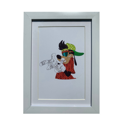 A framed artwork print featuring a character in a metalic frame, predominantly white background with a green and red themed character holding a trophy.