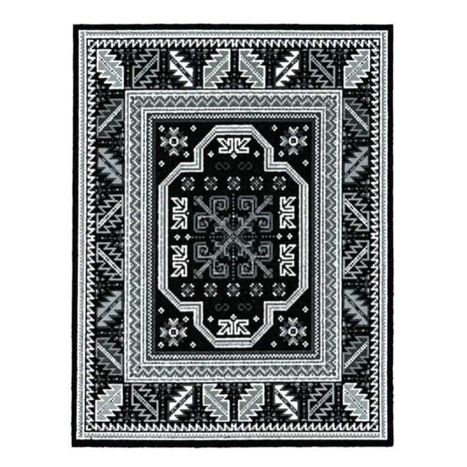 Gray moodmat with geometric patterns.