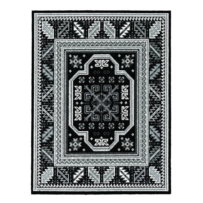 Gray moodmat with geometric patterns.