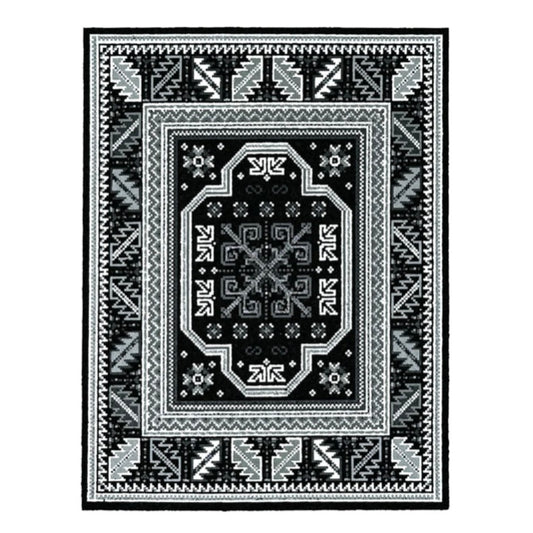 Gray moodmat with geometric patterns.