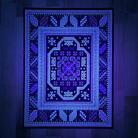 Gray moodmat with geometric patterns.