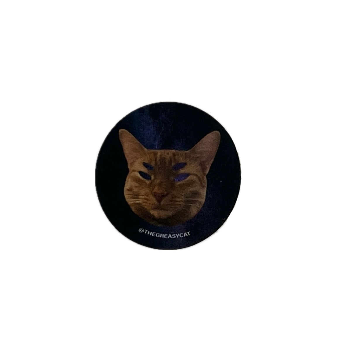 Circular sticker with a cat's face on a black background, featuring the brand 'THEGREASYCAT'.