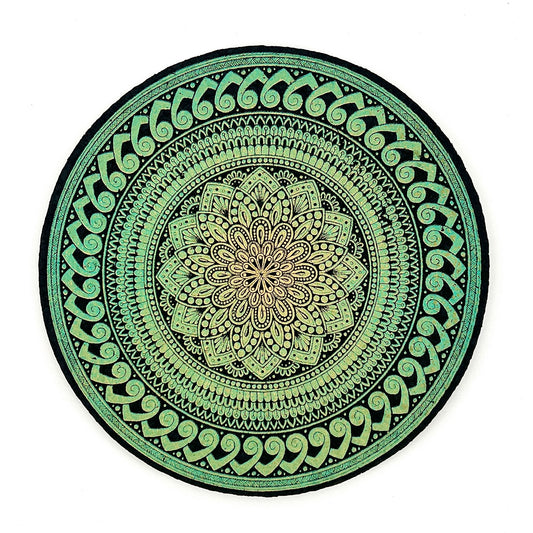 Green and black mandala design on a white background.