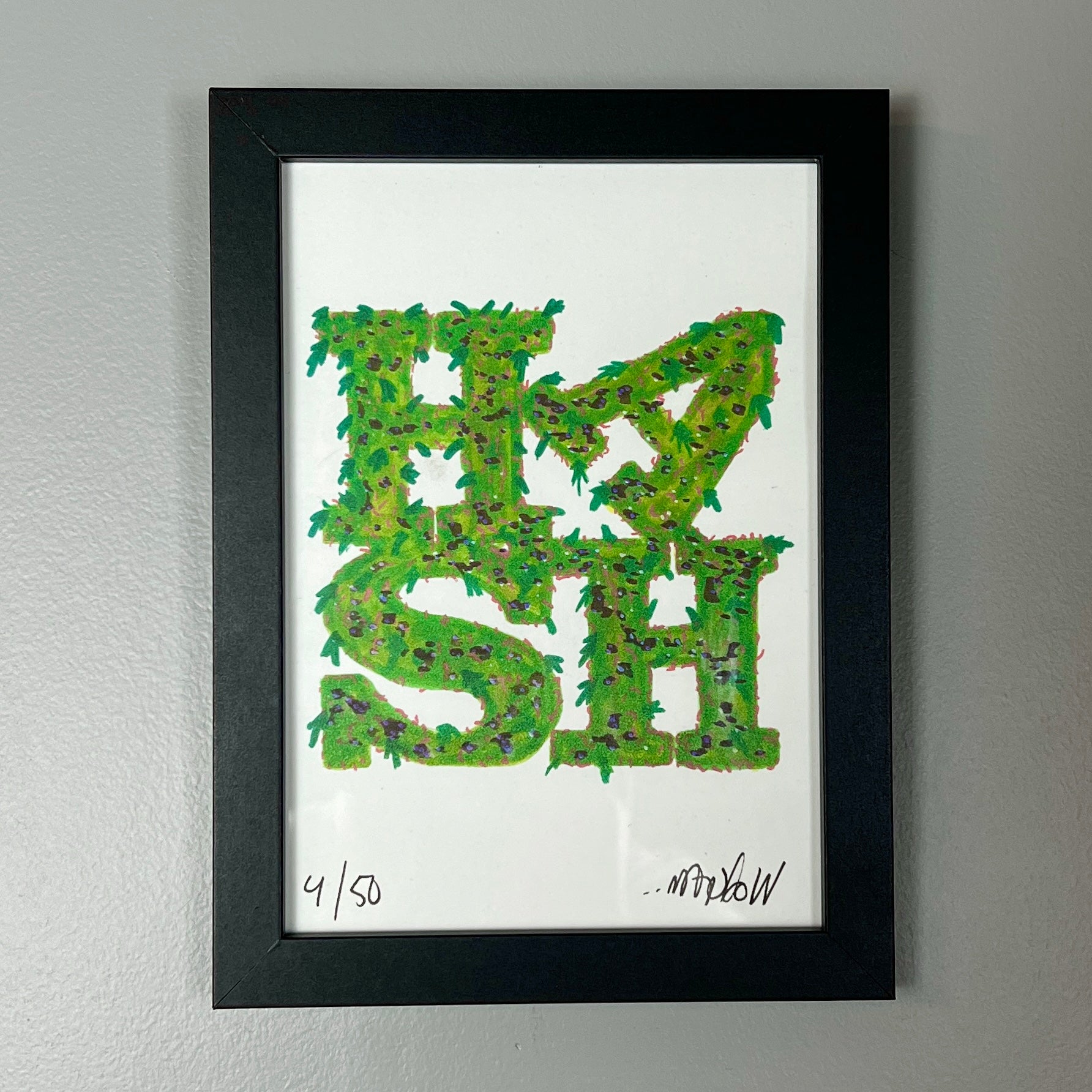 A limited edition print titled 'Hash Flowers' by Wookerson Studios, featuring a green floral pattern forming the word 'HASH'.