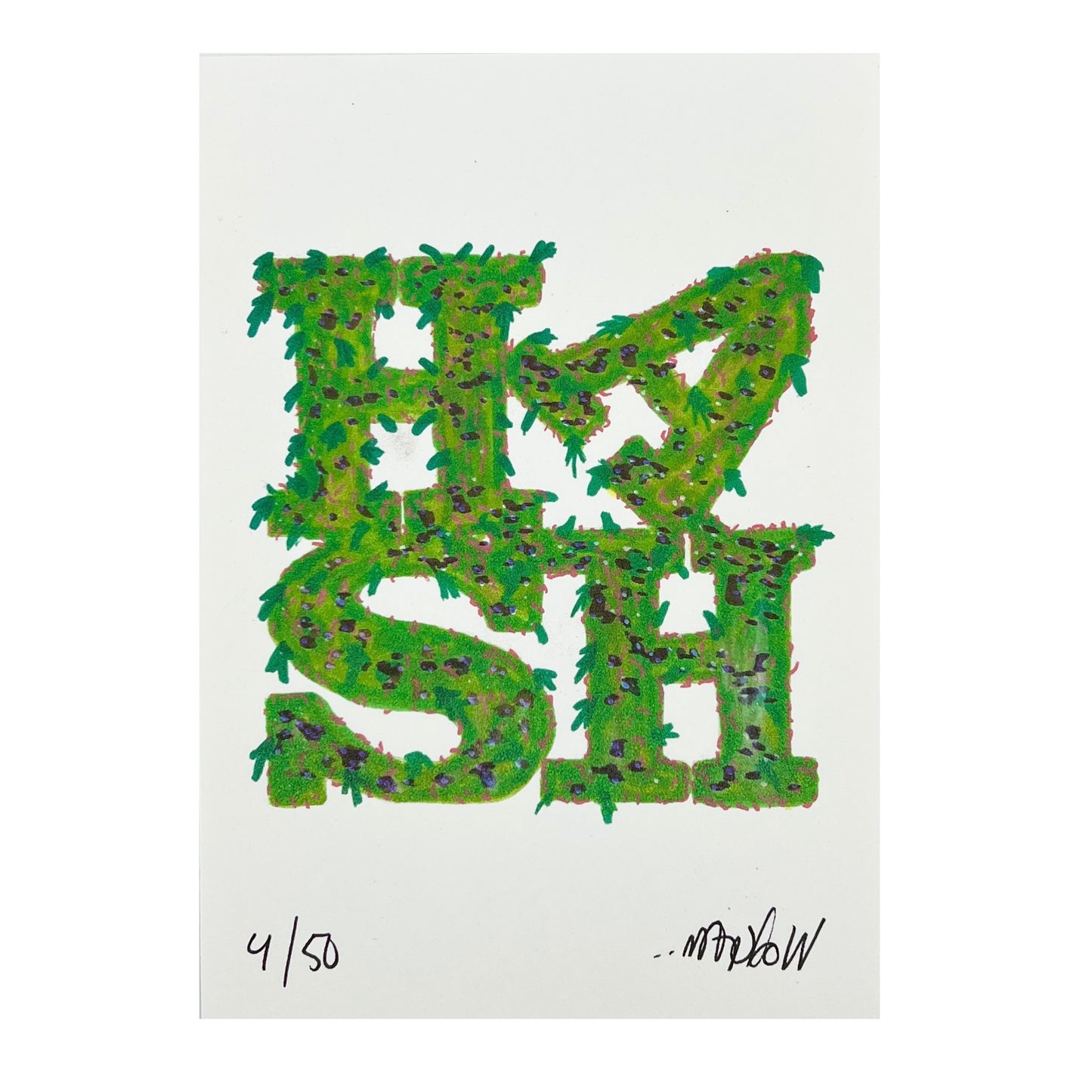 A limited edition print titled 'Hash Flowers' by Wookerson Studios, featuring a green floral pattern forming the word 'HASH'.