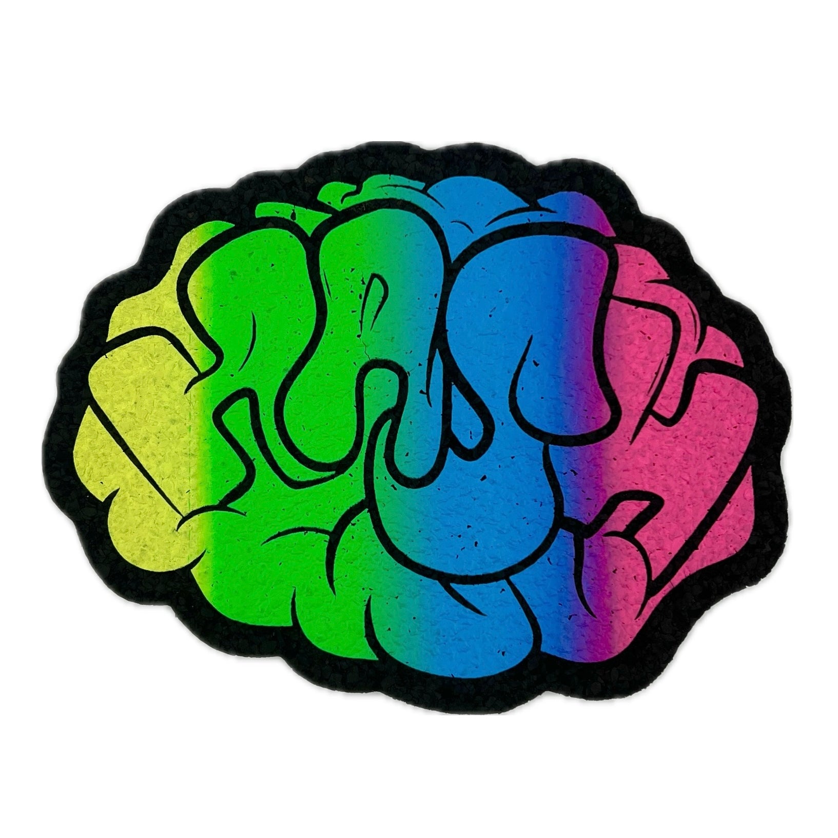 A multicolored, brain-shaped mat with vibrant hues and upcycled material edges.