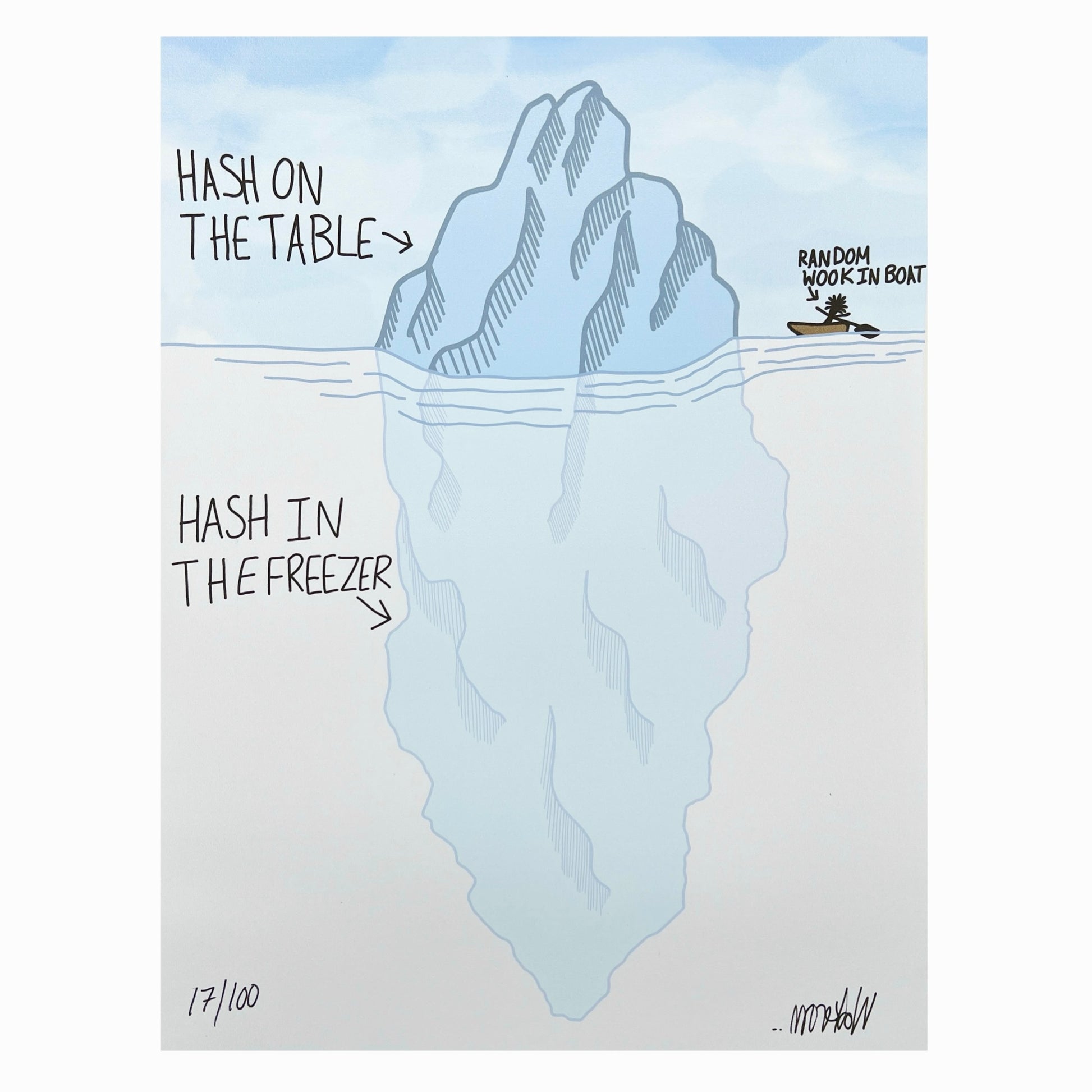 A cartoon print depicting an iceberg with the text 'HASH ON THE TABLE' and 'HASH IN THE FREEZER' on it, indicating a playful contrast between the two phrases.